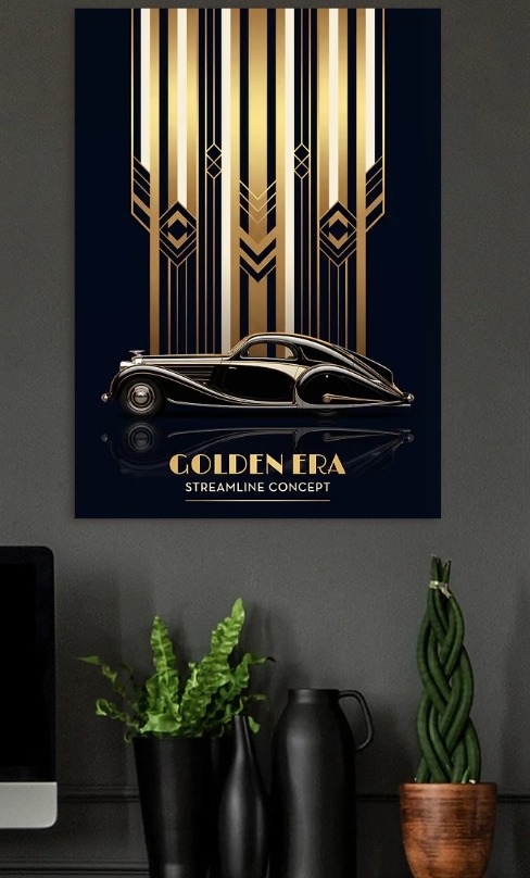 Art Deco Black and Gold Car — metal poster wall art by Lineer