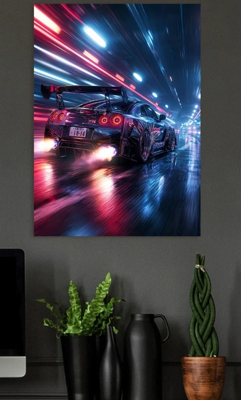 Cyberpunk Nissan GTR — metal poster wall art by Lineer