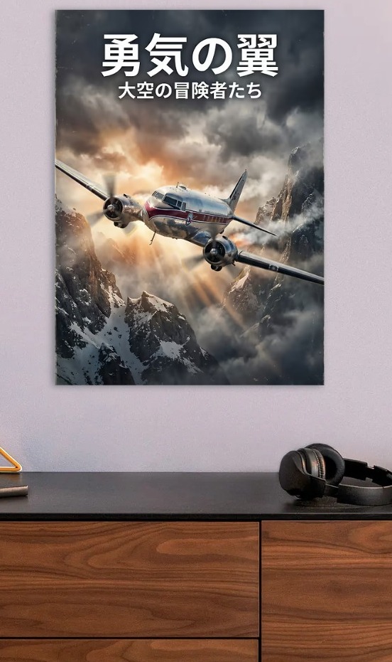 Vintage Airplane Flying Over Mountains — metal poster wall art by Lineer