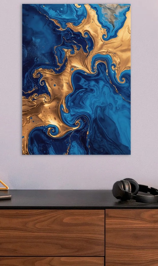 Abstract Blue and Gold Swirls — metal poster wall art by Lineer