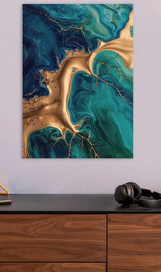 Abstract Teal and Gold Fluid Art — metal poster wall art by Lineer