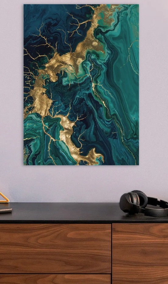 Abstract Teal and Gold Marble Texture — metal poster wall art by Lineer