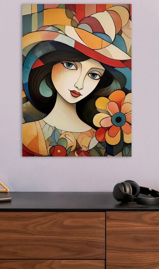 Abstract Woman with Hat and Flower — metal poster wall art by Lineer