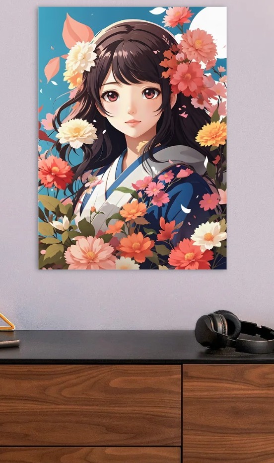 Anime Girl with Flowers — metal poster wall art by Lineer