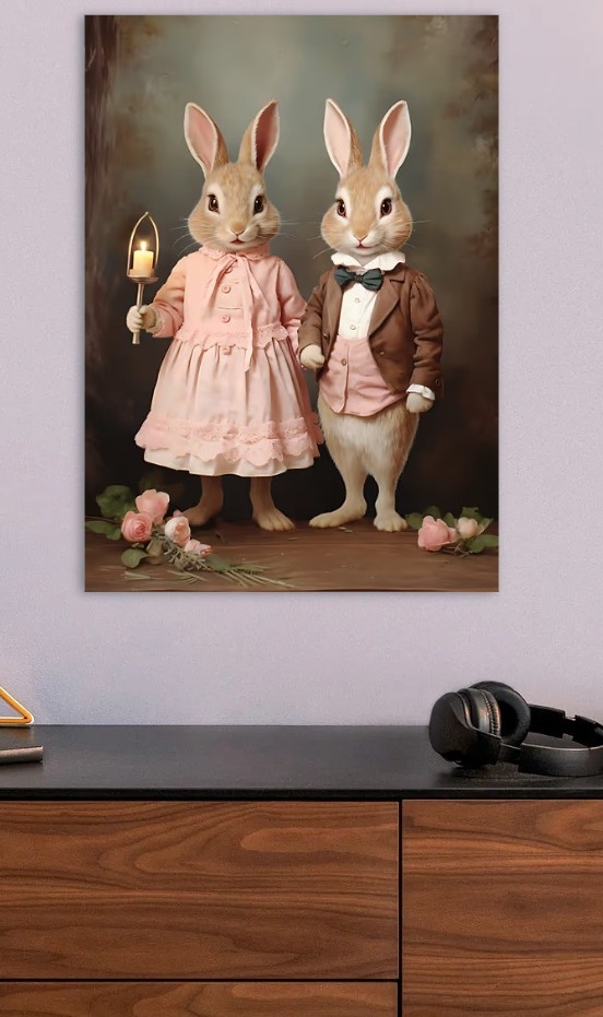 Anthropomorphic Rabbits in Vintage Attire — metal poster wall art by Lineer