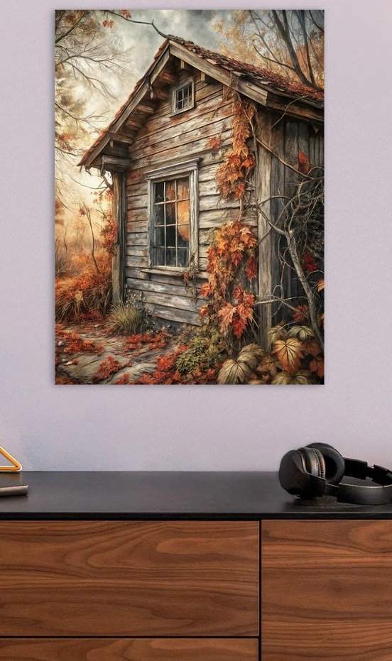 Autumn Cabin with Vines and Leaves — metal poster wall art by Lineer
