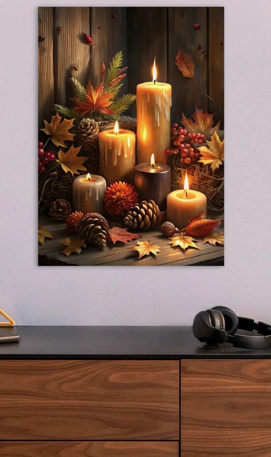 Autumn Candles and Pine Cones Still Life — metal poster wall art by Lineer
