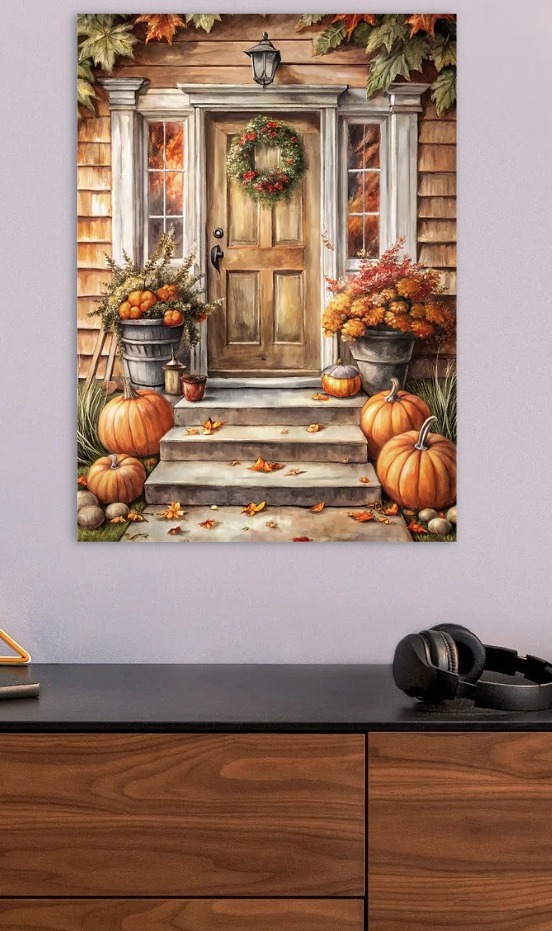 Autumn Doorway with Pumpkins and Wreath — metal poster wall art by Lineer