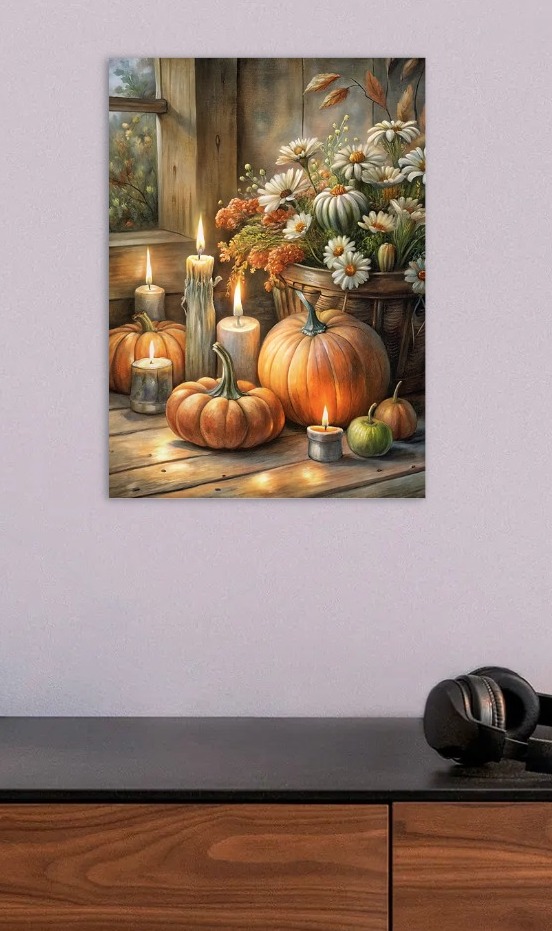 Autumn Still Life with Pumpkins and Candles — metal poster wall art by Lineer