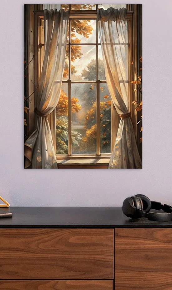 Autumn View Through Window with Curtains — metal poster wall art by Lineer