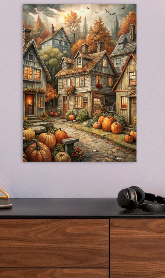 Autumn Village with Pumpkins — metal poster wall art by Lineer