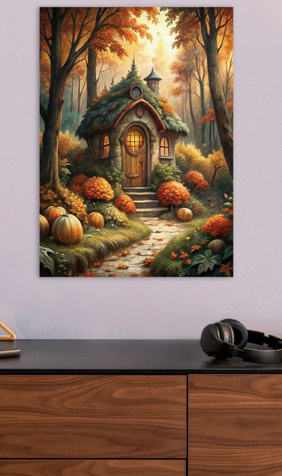 Autumnal Fairy House in Forest — metal poster wall art by Lineer
