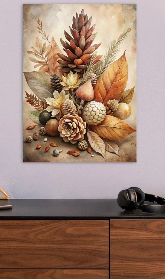 Autumnal Still Life with Pine Cones — metal poster wall art by Lineer