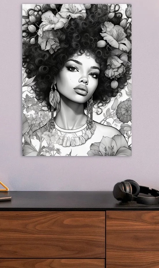 Black and White Floral Portrait — metal poster wall art by Lineer
