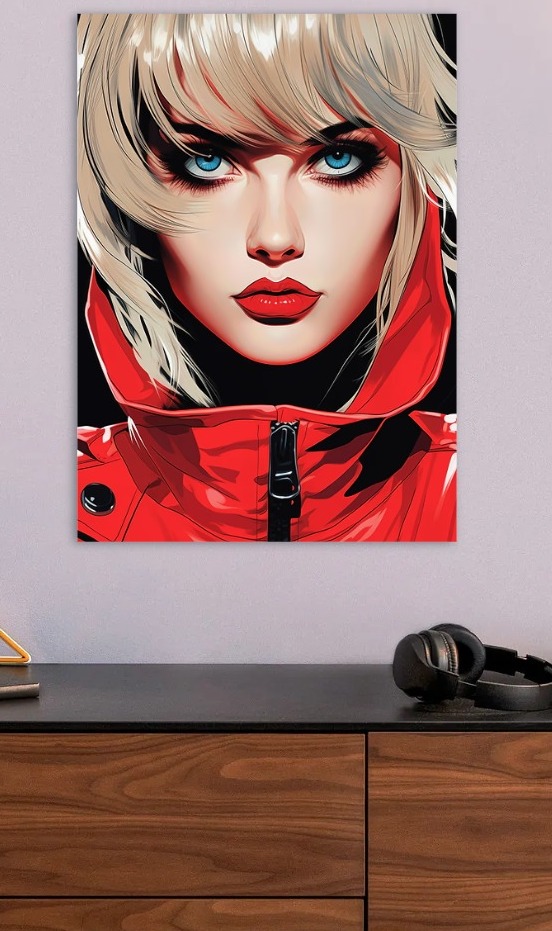 Blonde Woman in Red Jacket Portrait — metal poster wall art by Lineer