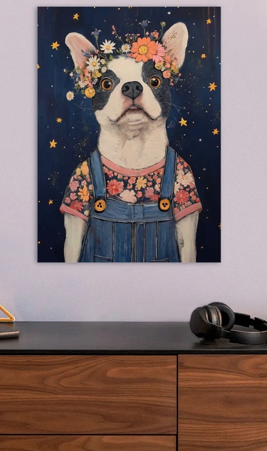 Boston Terrier Dog with Flower Crown and Bow — metal poster wall art by Lineer
