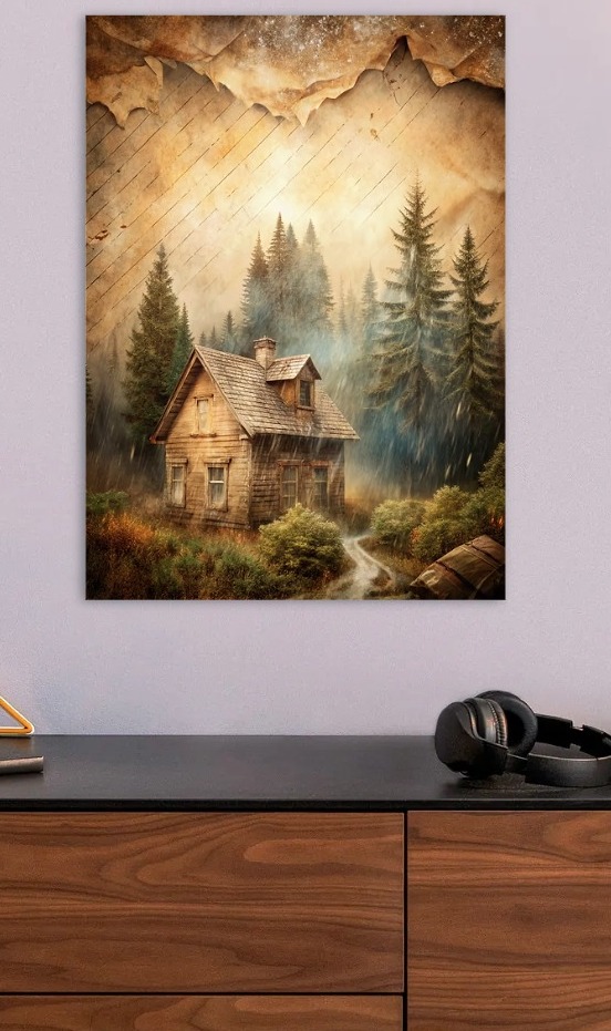 Cabin in the Woods Rainy Day — metal poster wall art by Lineer