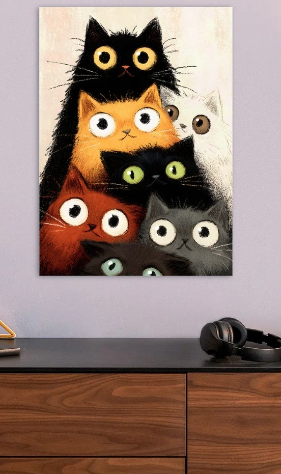 Cartoon Cats Pile — metal poster wall art by Lineer