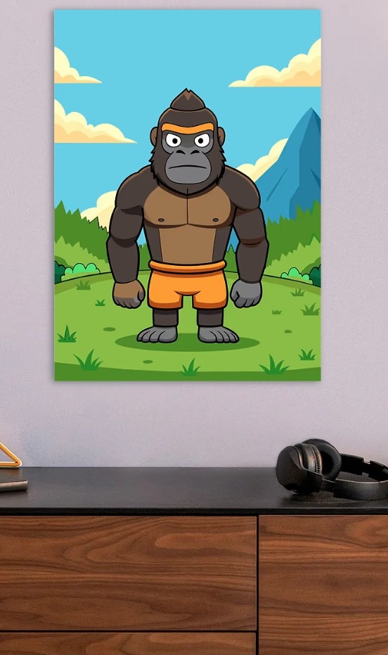 Cartoon Gorilla in Jungle Setting — metal poster wall art by Lineer