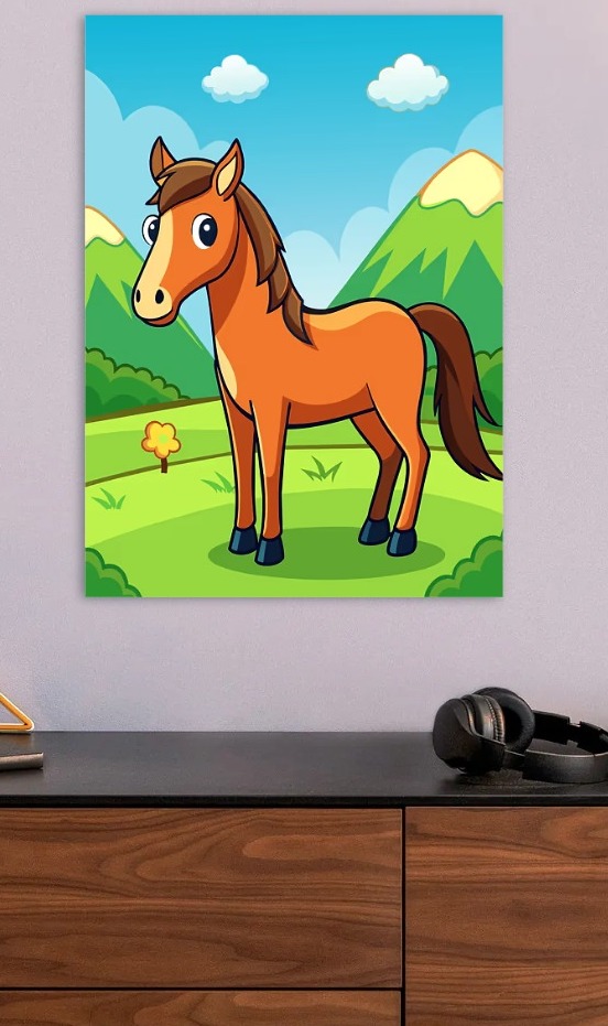 Cartoon Horse in a Grassy Field — metal poster wall art by Lineer