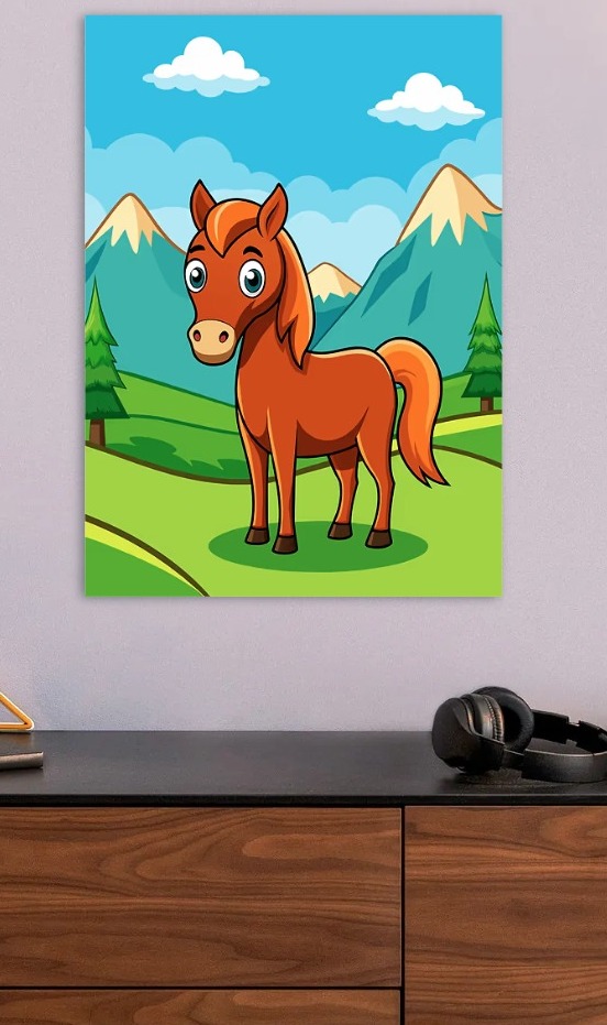Cartoon Horse in a Mountain Landscape — metal poster wall art by Lineer