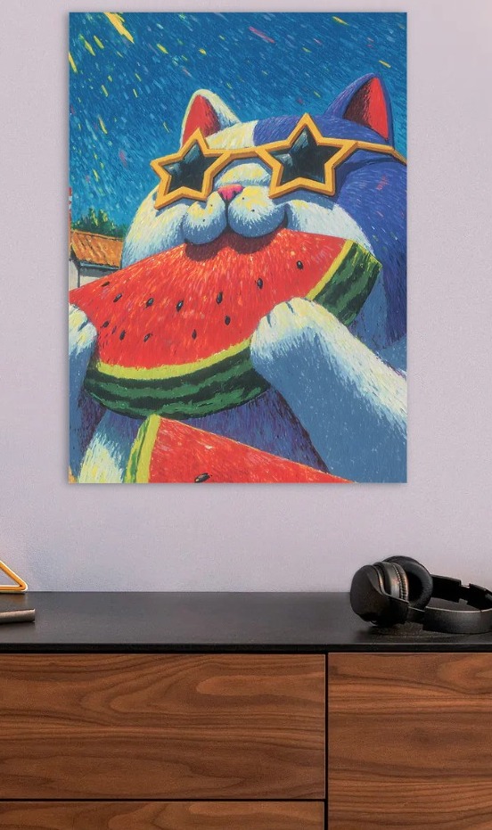 Cat Eating Watermelon with Star Sunglasses — metal poster wall art by Lineer