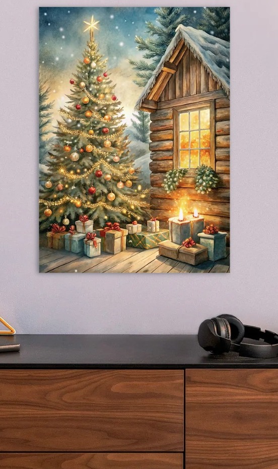 Christmas Tree and Cabin Watercolor — metal poster wall art by Lineer