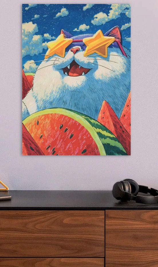 Cool Cat with Star Sunglasses and Watermelon — metal poster wall art by Lineer