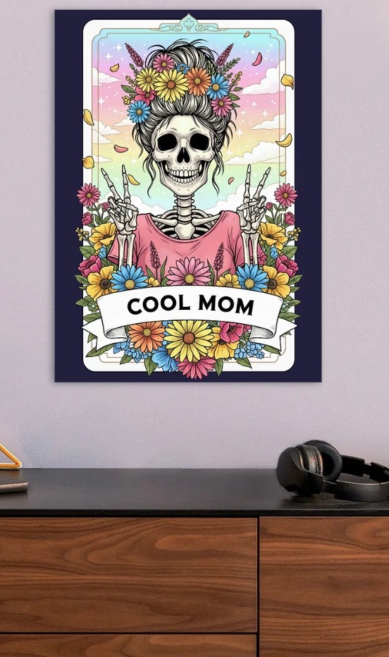 Cool Mom Skeleton with Flowers — metal poster wall art by Lineer