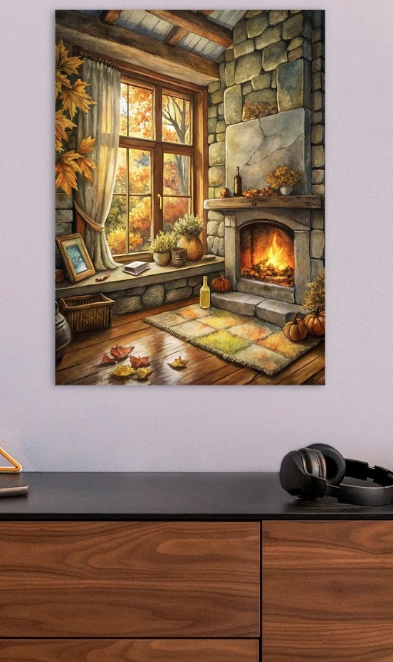 Cozy Autumn Room with Fireplace — metal poster wall art by Lineer