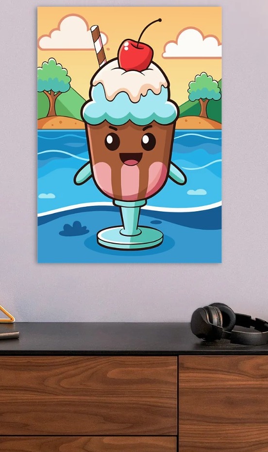 Cute Cartoon Ice Cream Sundae Character — metal poster wall art by Lineer