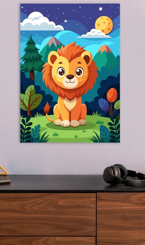 Cute Cartoon Lion in a Forest at Night — metal poster wall art by Lineer