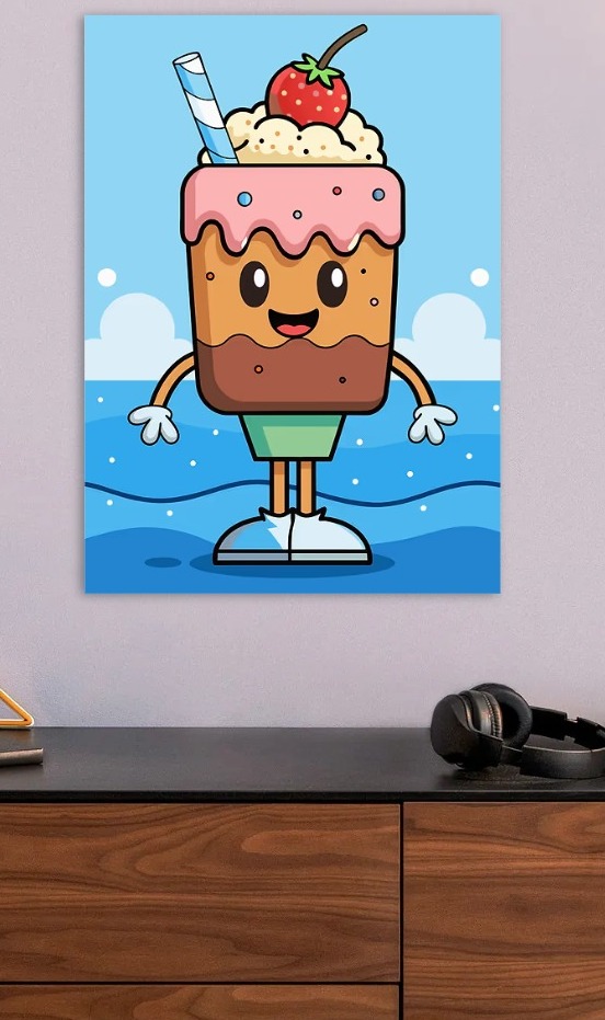 Cute Cartoon Strawberry Milkshake Character — metal poster wall art by Lineer