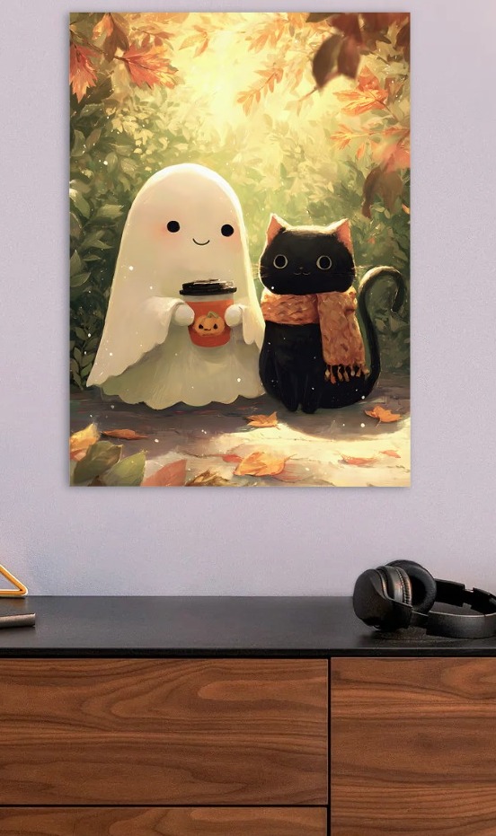 Cute Ghost and Cat with Coffee — metal poster wall art by Lineer