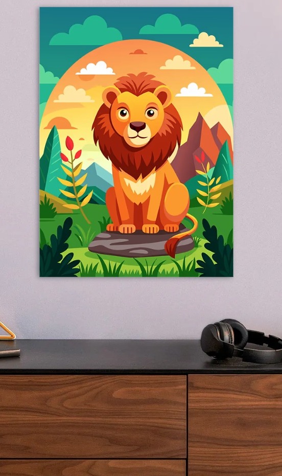 Cute Lion Sitting on a Rock — metal poster wall art by Lineer