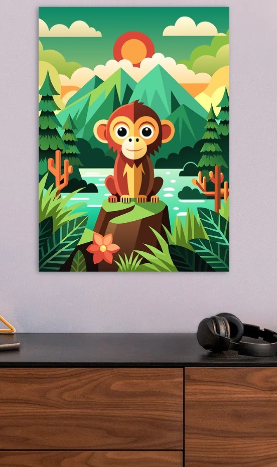 Cute Monkey in a Jungle Landscape — metal poster wall art by Lineer