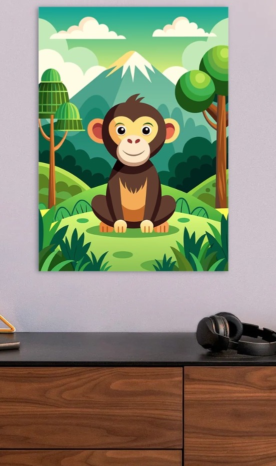 Cute Monkey in a Lush Landscape — metal poster wall art by Lineer