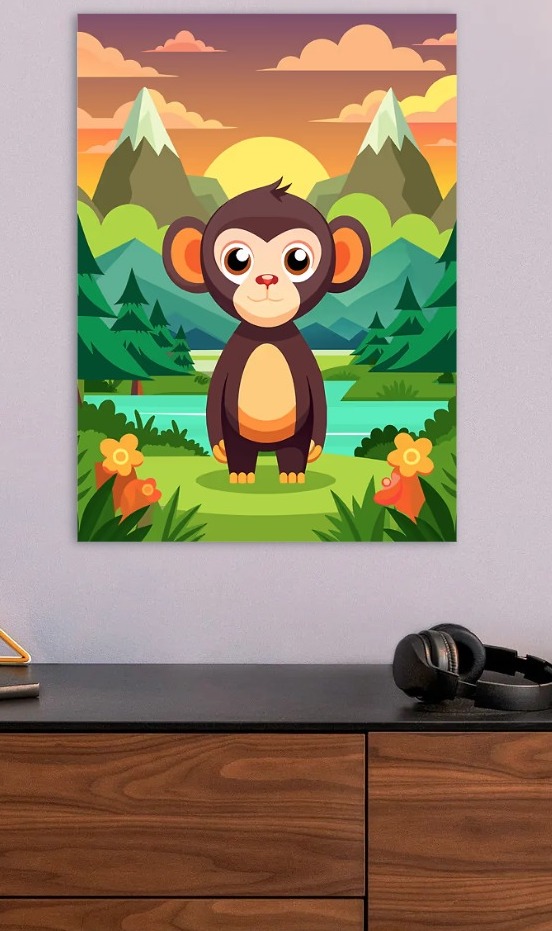 Cute Monkey in a Mountain Landscape — metal poster wall art by Lineer
