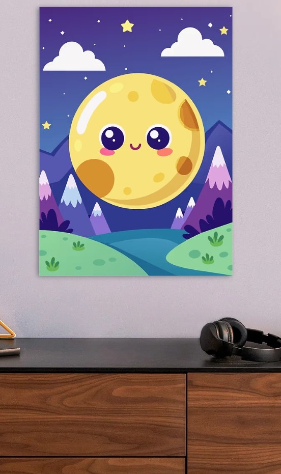 Cute Moon Character in a Night Landscape — metal poster wall art by Lineer