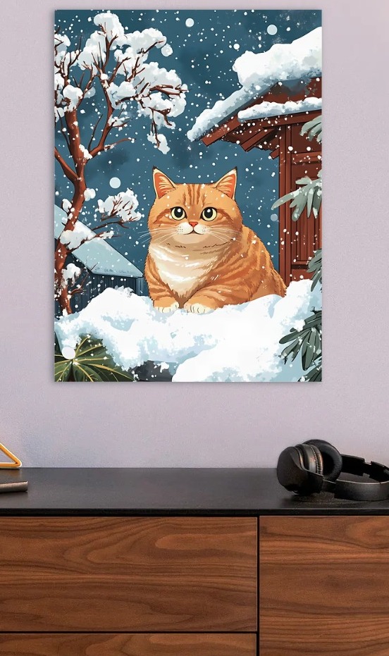 Cute Orange Cat in Snow — metal poster wall art by Lineer