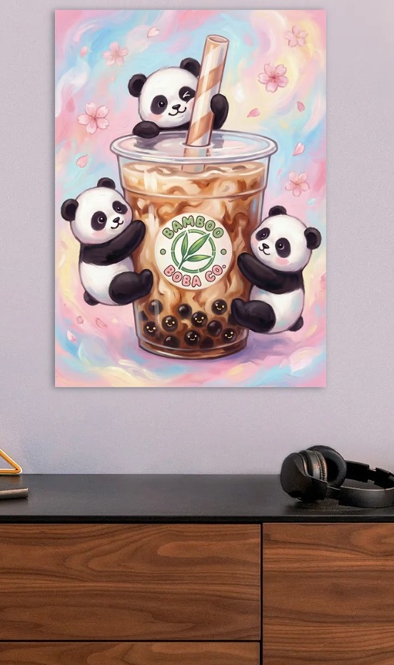 Cute Pandas with Boba Tea — metal poster wall art by Lineer