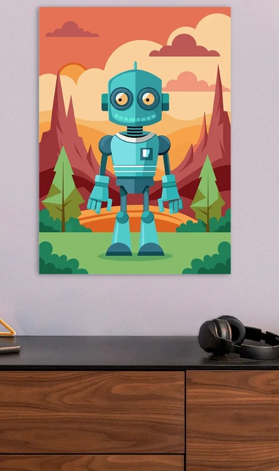 Cute Robot in a Landscape — metal poster wall art by Lineer