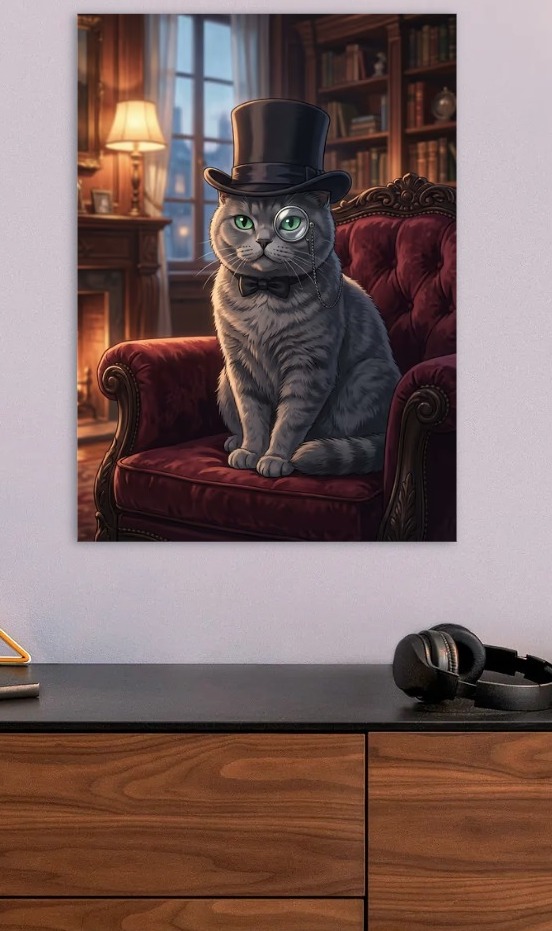Dapper Cat in Top Hat and Monocle — metal poster wall art by Lineer