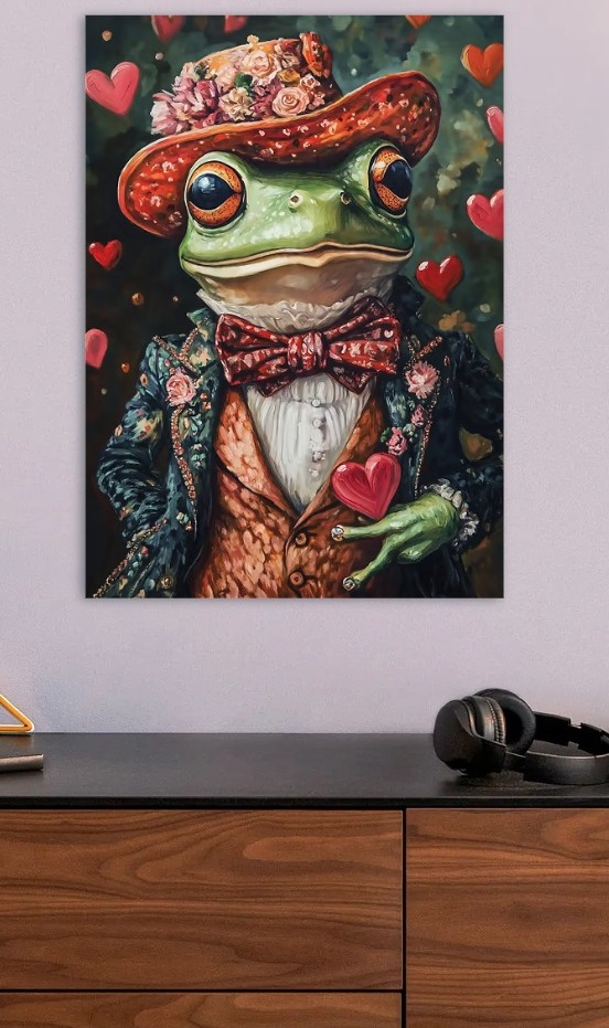 Dapper Frog with Heart and Flowers — metal poster wall art by Lineer