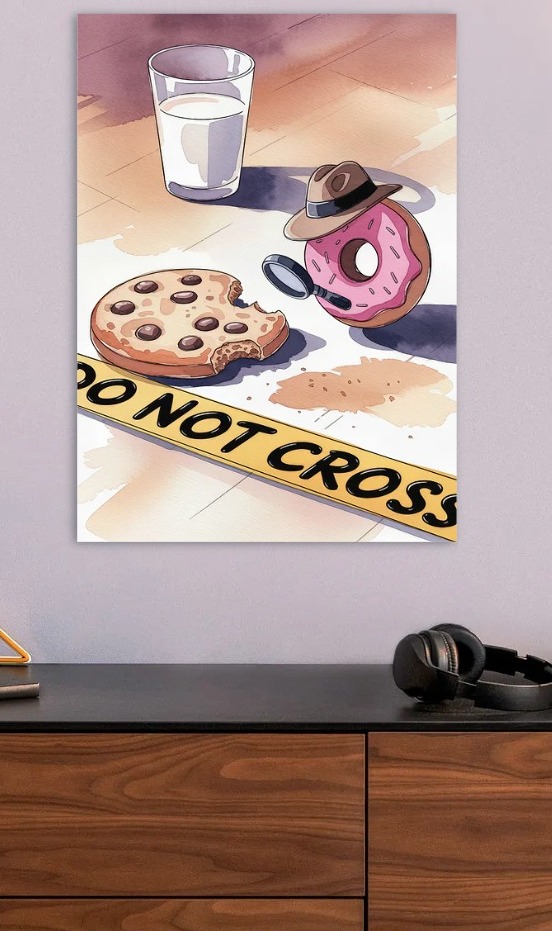 Detective Donut Investigates Cookie Crime — metal poster wall art by Lineer