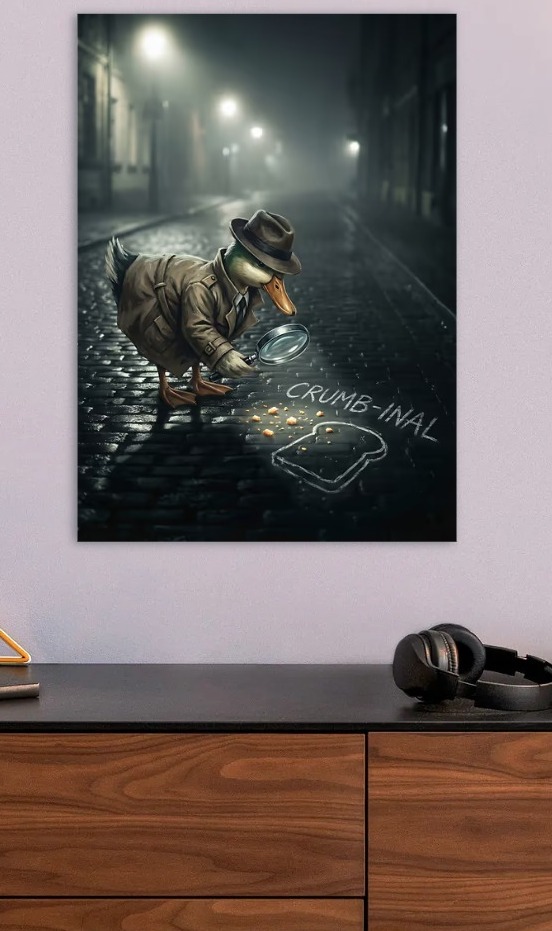 Detective Duck Investigates Crumb-inal Scene — metal poster wall art by Lineer