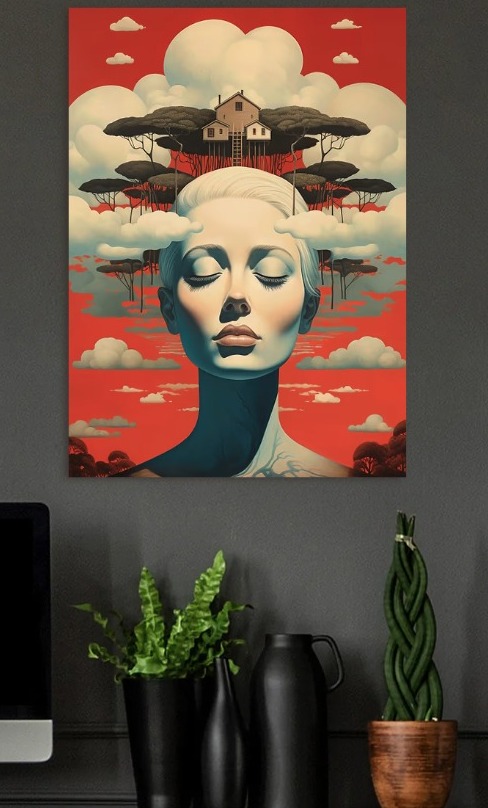 Dreamscape with House and Meditative Figure — metal poster wall art by Lineer