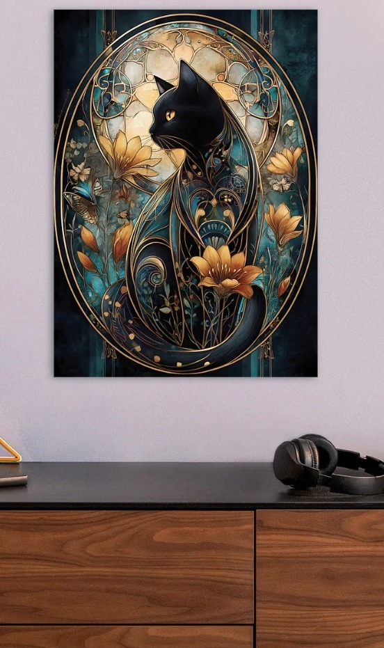 Elegant Black Cat Art Nouveau — metal poster wall art by Lineer