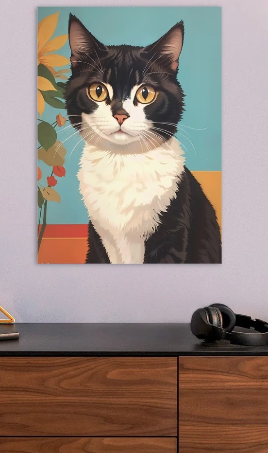 Elegant Black and White Cat Portrait — metal poster wall art by Lineer