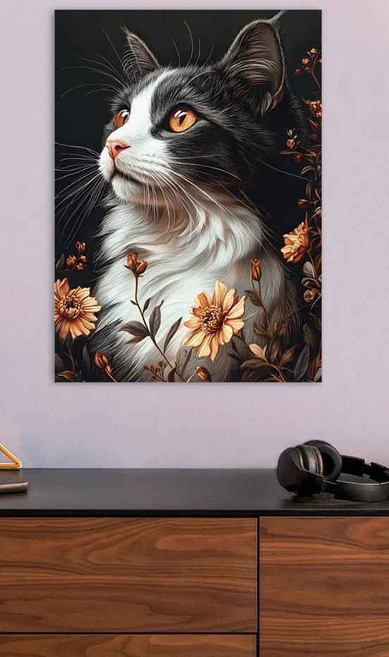 Elegant Cat Portrait with Floral Accents — metal poster wall art by Lineer